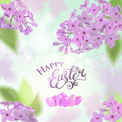 Happy easter card with lettering, lilac flowers bouquet and doodle branches. Vector