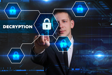 Business, Technology, Internet and network concept. Young businessman working on a virtual blackboard of the future, he sees the inscription: decryption