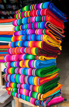  Traditional rugs at market in Panajachel, Guatemala.