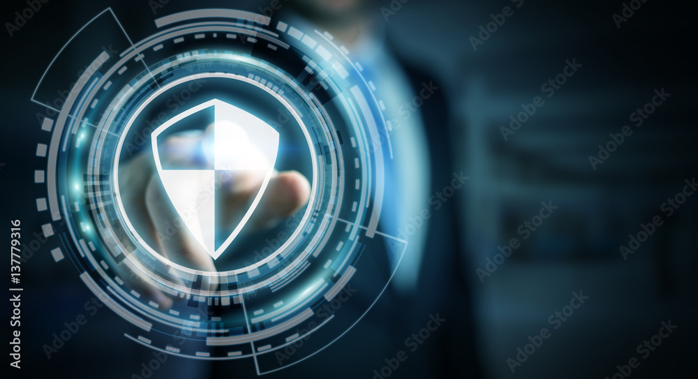 Poster businessman using shield safe protection to protect his datas 3d rendering