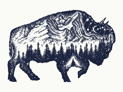 Bison tattoo art. Buffalo bull travel symbol, adventure tourism. Mountain,  forest, night sky Stock Vector | Adobe Stock