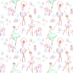 Seamless pattern with watercolor ballet dancers, puppet unicorns, butterflies and pointe shoes, hand drawn isolated on a white background
