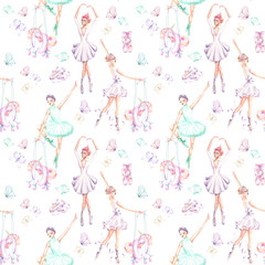Seamless pattern with watercolor ballet dancers, puppet unicorns, butterflies and pointe shoes, hand drawn isolated on a white background © nastyasklyarova