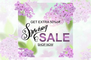 Advertisement about the spring sale on defocused background with beautiful cherry blossom. Vector illustration.