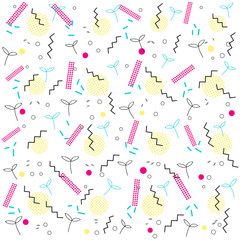 Trendy geometric elements memphis card. Pattern for tissue and postcards. Spring poster. Vector illustration