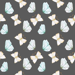 Seamless pattern with watercolor tender butterflies, hand drawn isolated on a dark background