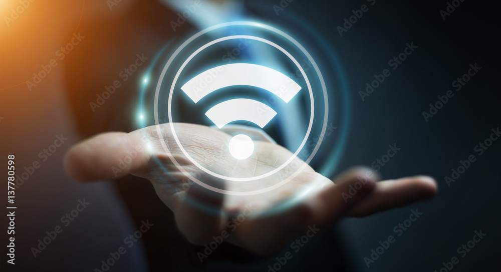 Wall mural businessman using free wifi hotspot interface 3d rendering