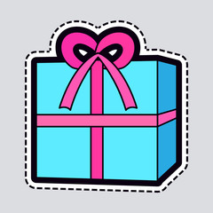 Gift Box. Blue New Year Present with Pink Ribbon