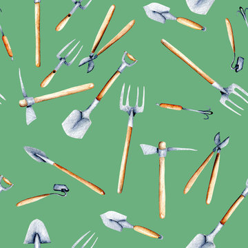 Seamless pattern with watercolor objects of garden tools, hand drawn isolated on a green background