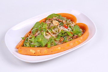 Sausage cheese wrap spicy sour vegetable salad with rice noodle .