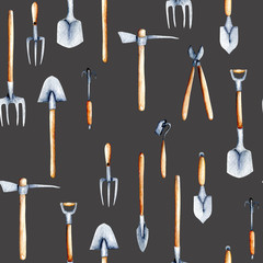 Seamless pattern with watercolor objects of garden tools, hand drawn isolated on a dark background