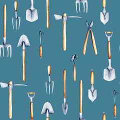 Seamless pattern with watercolor objects of garden tools, hand drawn isolated on a dark blue background