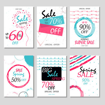 Set of 6 spring discount cards design. Can be used for social media sale website, poster, flyer, email, newsletter, ads, promotional material. Mobile banner template.