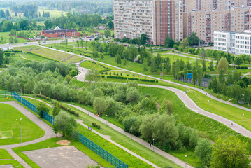 Top view of boulevard in Zelenograd, Russia