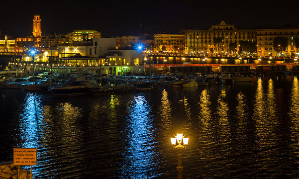 Bari night seafront and city lights