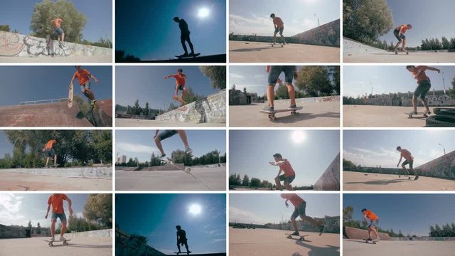 Montage: multiscreen skateboarder does flip at sunset. Sports background. 4K