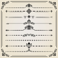Vintage set of vector decorative elements. Horizontal separators in the frame. Collection of different ornaments. Classic patterns. Set of vintage patterns