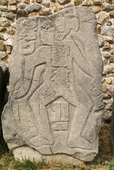 Carvings detail on the Mayan city ruins in Monte Alban