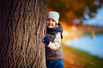 happy young boy having fun in autumn park