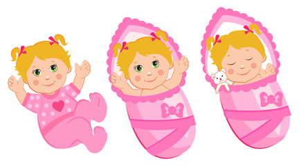 Newborn Girl Care. Vector Illustration Of Newborn. Babies Girls Set. Newborn Babies Sleeping. Cutie Dolls. Newborn Babies Eyes.