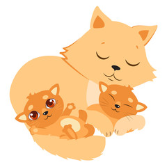 Sleeping Cat. Sleeping Cat And Kitten. Sweet Kitty Cartoon Vector Card. Good Night Vector Illustration.