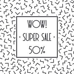 Super sale memphis banner template design for shop. Discount up to 50 percent off. Shop Now. Half price off. Vector sale background. End off season sale. Shopping tag. Store. Illustration poster.