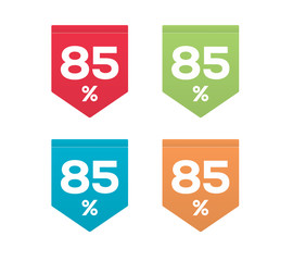 85% on colorful Red Green Blue Orange price label tag with sewing stitch style isolated on white background. For summer spring autumn winter sale campaigns. 