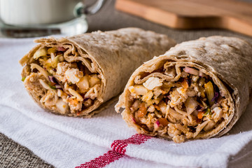 Chicken shawarma durum kebab with ayran or buttermilk / Tantuni.