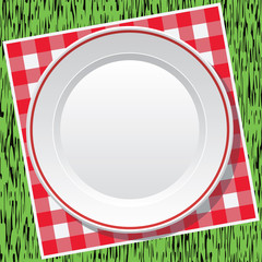 vector red picnic tablecloth and empty plate on green grass