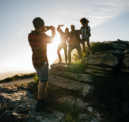 Friends on hike together in the countryside
