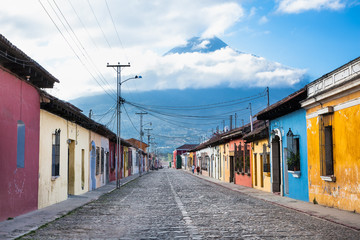 Colonial houses in tha street view of Antigua, Guatemala.