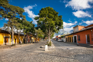 Colonial houses in tha street view of Antigua, Guatemala.