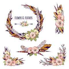 Vector romantic set of elements for design in a boho style. Vintage wreath and compositions with flowers, feathers, tree branch and crystals for your desigh
