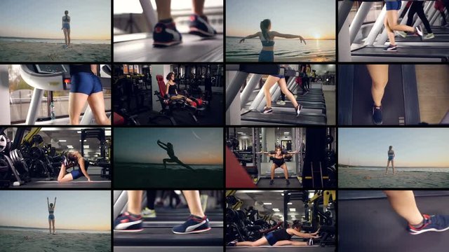 Fitness multiscreen montage. Videowall with shoots - fitness in gym and outdoor. 4K.