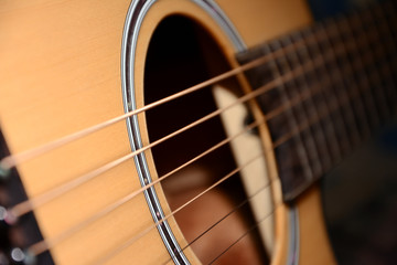 Close up view of a guitar.