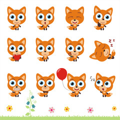 Obraz na płótnie Canvas Big set cute little fox. Collection isolated cartoon fox in different poses.