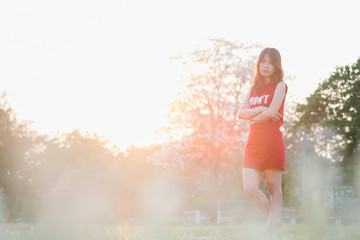 Portrait beautiful woman with nature sunset.