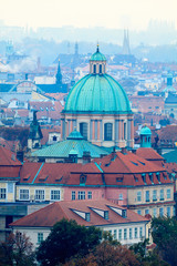 Fototapeta na wymiar Panorama of the city of Prague and Prague Castle and roofs.