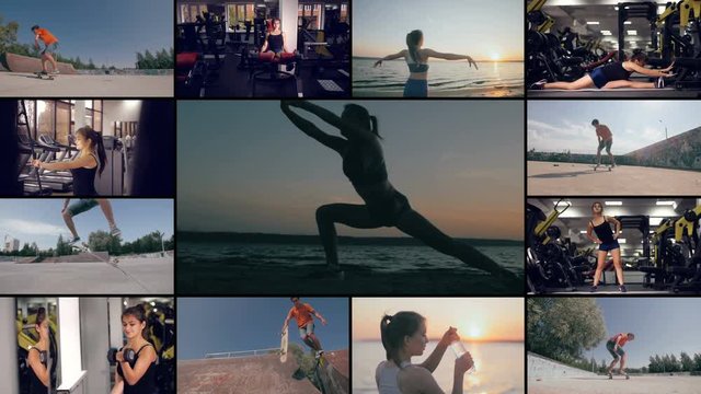 Videowall with people doing sports. Active sport multiscreen. Being fit concept. 4K.