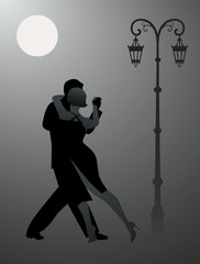 Couple dancing tango under the moon. Vector illustration - obrazy, fototapety, plakaty