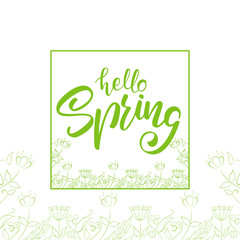 Vector illustration: Handwritten lettering of Hello Spring with Hand drawn flowers sketch frame on white background