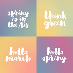 Hello spring lettering typography set. Calligraphy postcard or poster graphic design element. Hand written style card. Simple vector brush sign. White ink on green dreamy gradient.