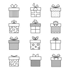Gift boxes thin line icons. Vector present box linear signs set for celebration design