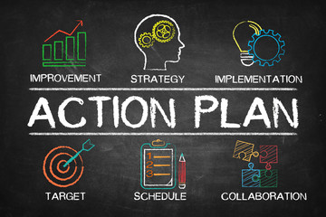 Fototapeta na wymiar Action Plan chart with keywords and elements on blackboard