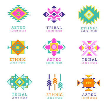 Aztec Or Apache Motif Style Logo Set. Native Mexican Labels Isolated On White Background