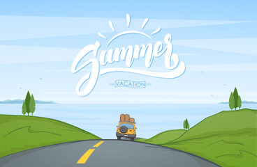 Vector illustration: Cartoon landscape with travel car rides on the road and handwritten lettering of Summer.