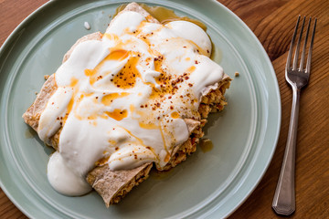 Chicken shawarma kebab with yogurt and fried butter sauce / Tantuni Special.