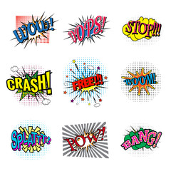 Set of bubbles speech, oops expression and speak onomatopoeia, crash and bang cloud, pow sound and cool comic exclamation, bomb pow sound. Dialogue and humour, communicate theme, vector illustration.