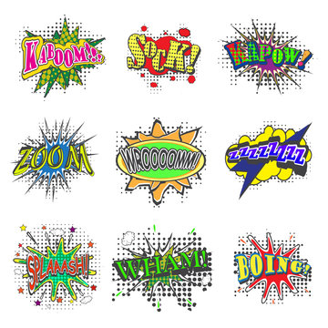 Set of bubbles speech, oops expression and speak onomatopoeia, crash and bang cloud, pow sound and cool comic exclamation, bomb pow sound. Dialogue and humour, communicate theme, vector illustration.