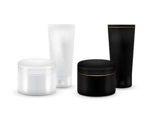 Set of vector Blank Cosmetic Container for Cream, Powder or Gel. Black and white color. Cosmetic container. Mock up. Tube Of Toothpaste, Cream, Serum or Clean. Product Packing.